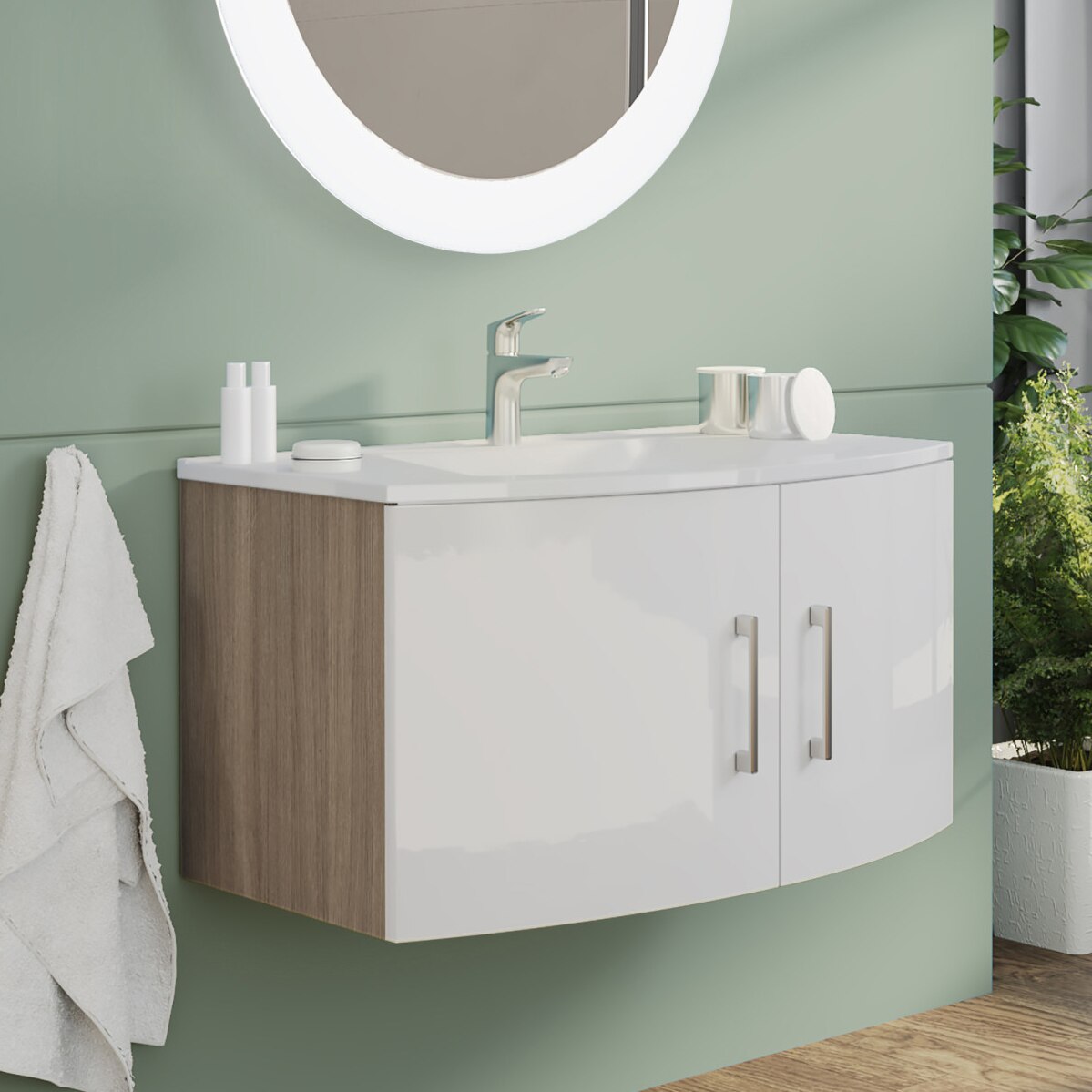 Baza mobilier suspendat Kring Valentina cu 2 usi cu inchidere amortizata, manere cromate, culoare alb lucios + stejar, 81x41x49 cm