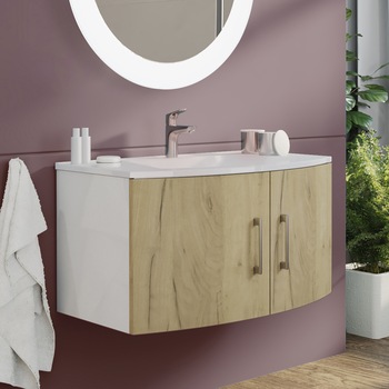 Baza mobilier suspendat Kring Valentina cu 2 usi cu inchidere amortizata, manere cromate, culoare stejar auriu + alb lucios, 81x41x49 cm Baza mobilier suspendat Kring Valentina cu 2 usi cu inchidere amortizata, manere cromate, culoare stejar auriu + alb lucios, 81x41x49 cm