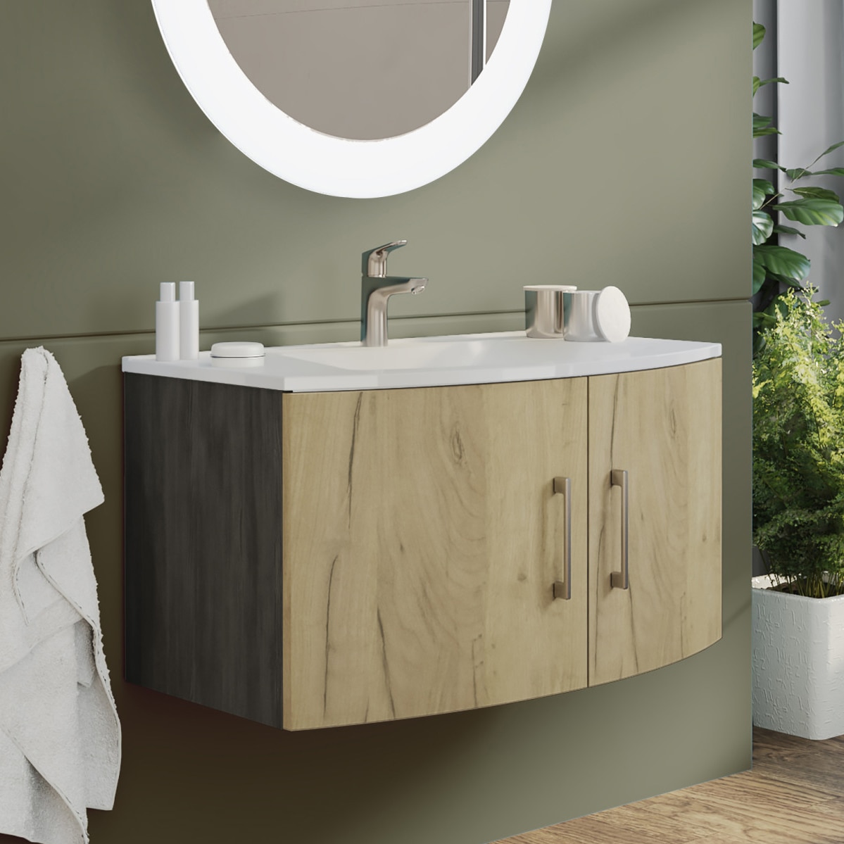 Baza mobilier suspendat Kring Valentina cu 2 usi cu inchidere amortizata, manere cromate, culoare stejar auriu + stejar inchis, 81x41x49 cm