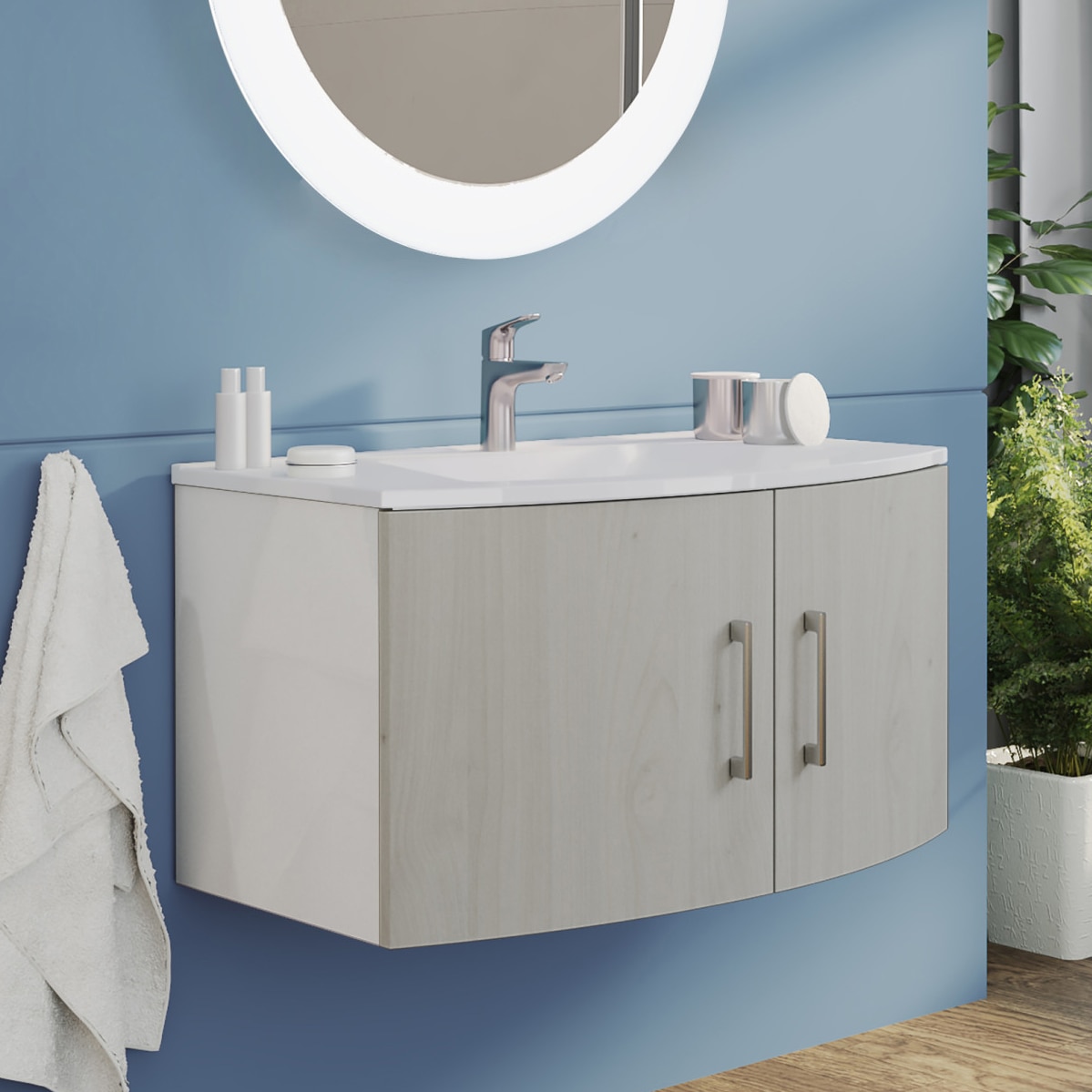 Baza mobilier suspendat Kring Valentina cu 2 usi cu inchidere amortizata, manere cromate, culoare stejar nordic + alb lucios, 81x41x49 cm