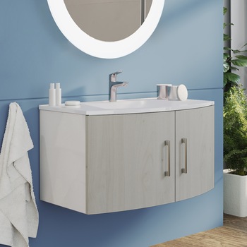 Baza mobilier suspendat Kring Valentina cu 2 usi cu inchidere amortizata, manere cromate, culoare stejar nordic + alb lucios, 81x41x49 cm Baza mobilier suspendat Kring Valentina cu 2 usi cu inchidere amortizata, manere cromate, culoare stejar nordic + alb lucios, 81x41x49 cm