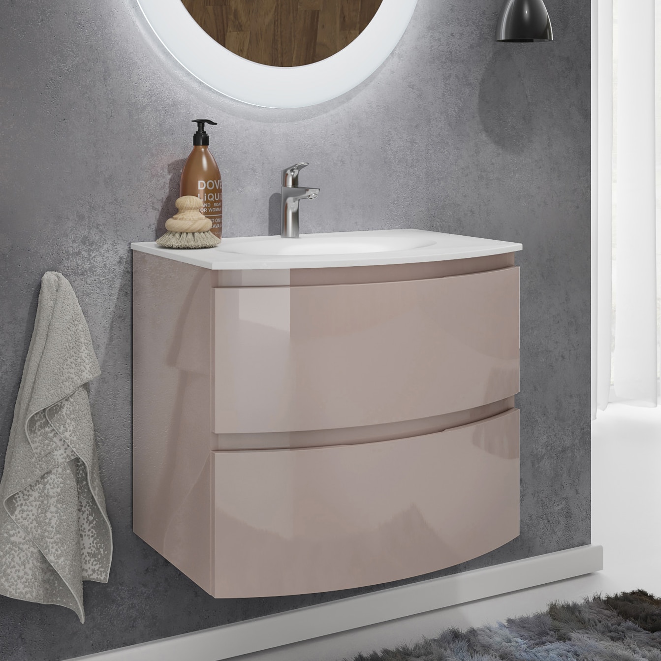 Masca Kring Veronica cu 2 sertare cu inchidere amortizata, din MDF, infoliat cappuccino lucios, 70x56x49 cm