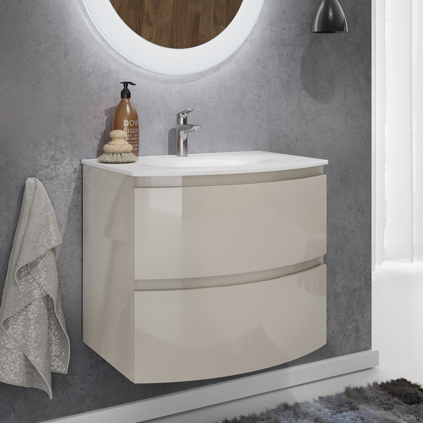 Masca Kring Veronica cu 2 sertare cu inchidere amortizata, din MDF, infoliat crema lucios, 70x56x49 cm
