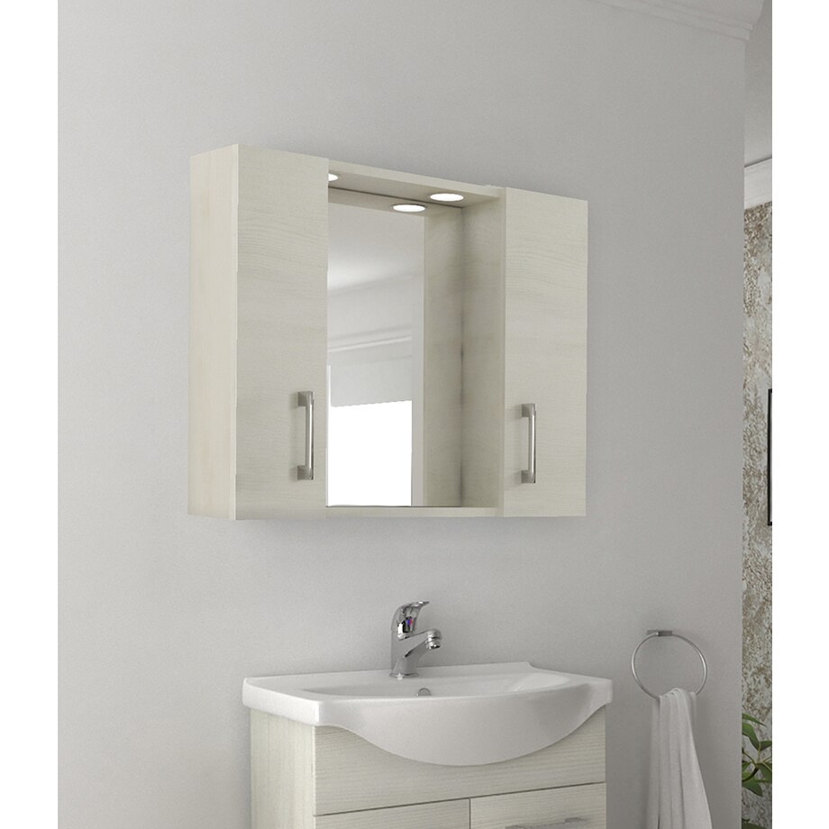 Oglinda Kring cu doua dulapioare si spoturi LED, stejar alb, 77x57x15.5 cm