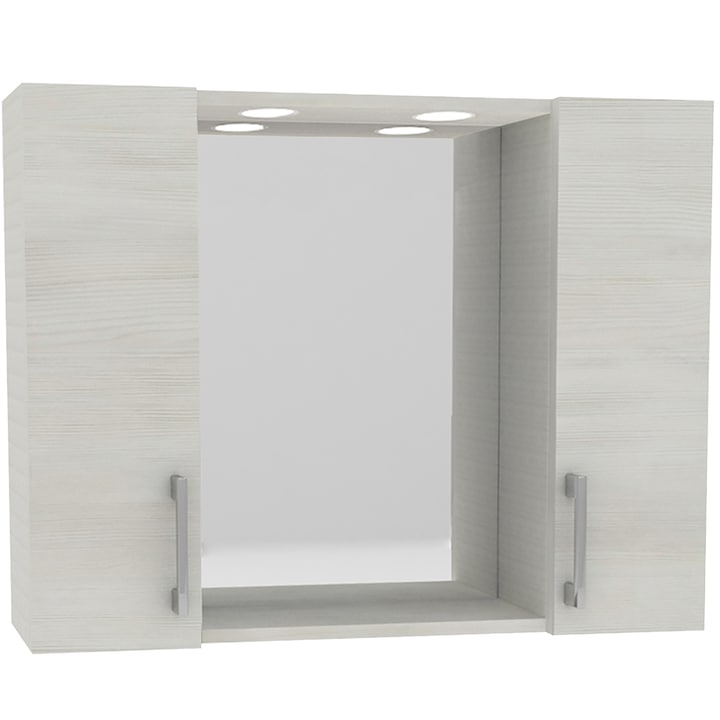 Kring Tükör két szekrénnyel és LED spotlámpákkal, 77x57x15.5 cm, Fehér tölgy
