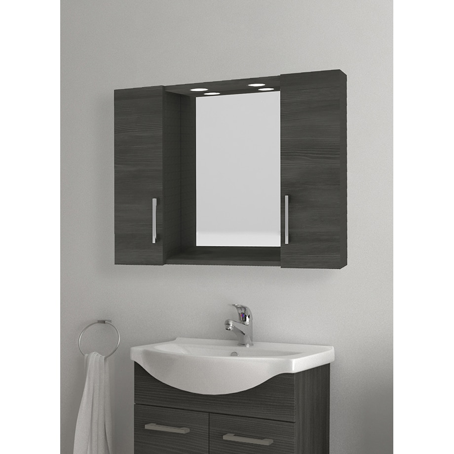 Oglinda Kring cu doua dulapioare si spoturi LED, stejar inchis, 77x57x15.5 cm