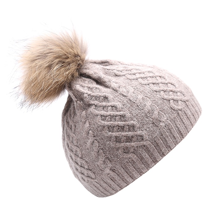 Caciula tricotata Ursfur, Pompom detasabil din blana de vulpe, Maro camel