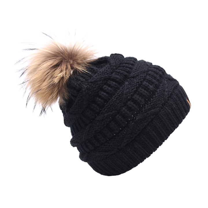 Caciula pentru femei tricotata cu pompom Ursfur, Negru