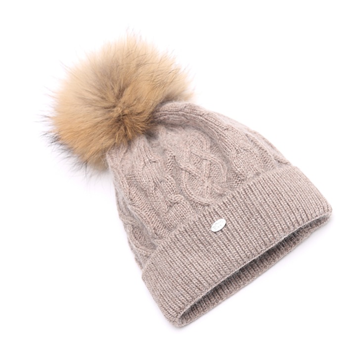Caciula pentru femei cu pompom Ursfur, Maro camel
