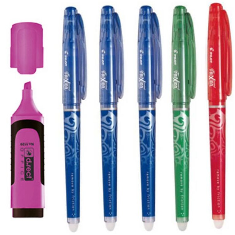 Set 5 Rollere Pilot Frixion 0.5mm , Albastru 3 bucati , Rosu , Verde + Textmarker D.rect