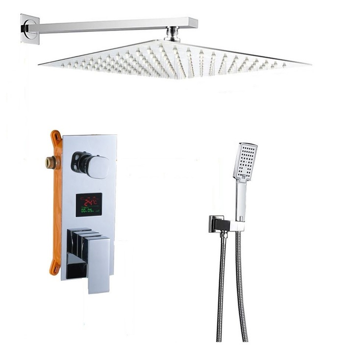 Set de dus Argintiu, AquaSpa, Robinet de dus cu efect de ploaie, 3 Functii, Palarie de dus 40 CM, Display Led A Temperaturii