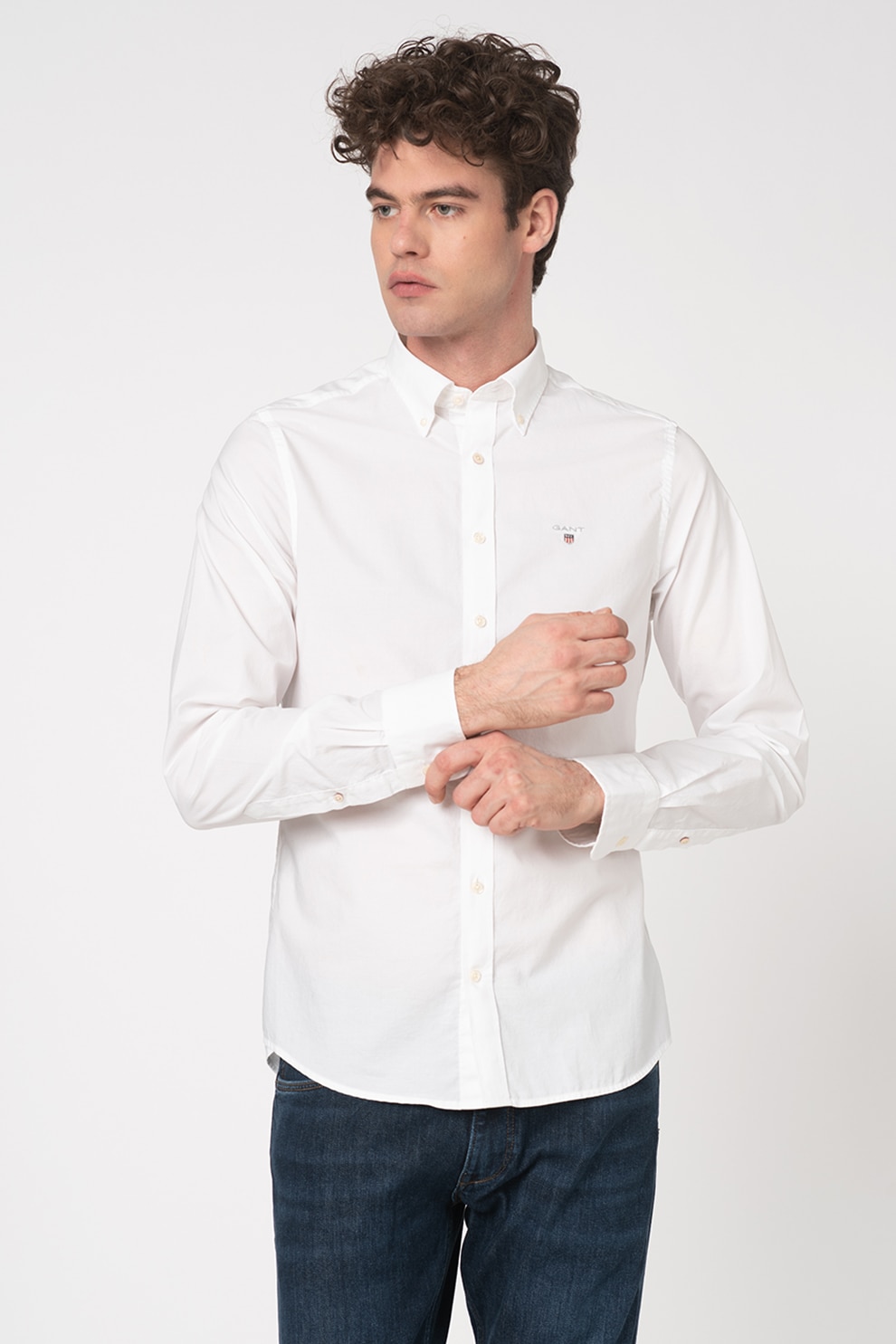 Gant, Camasa slim fit cu logo brodat, Alb