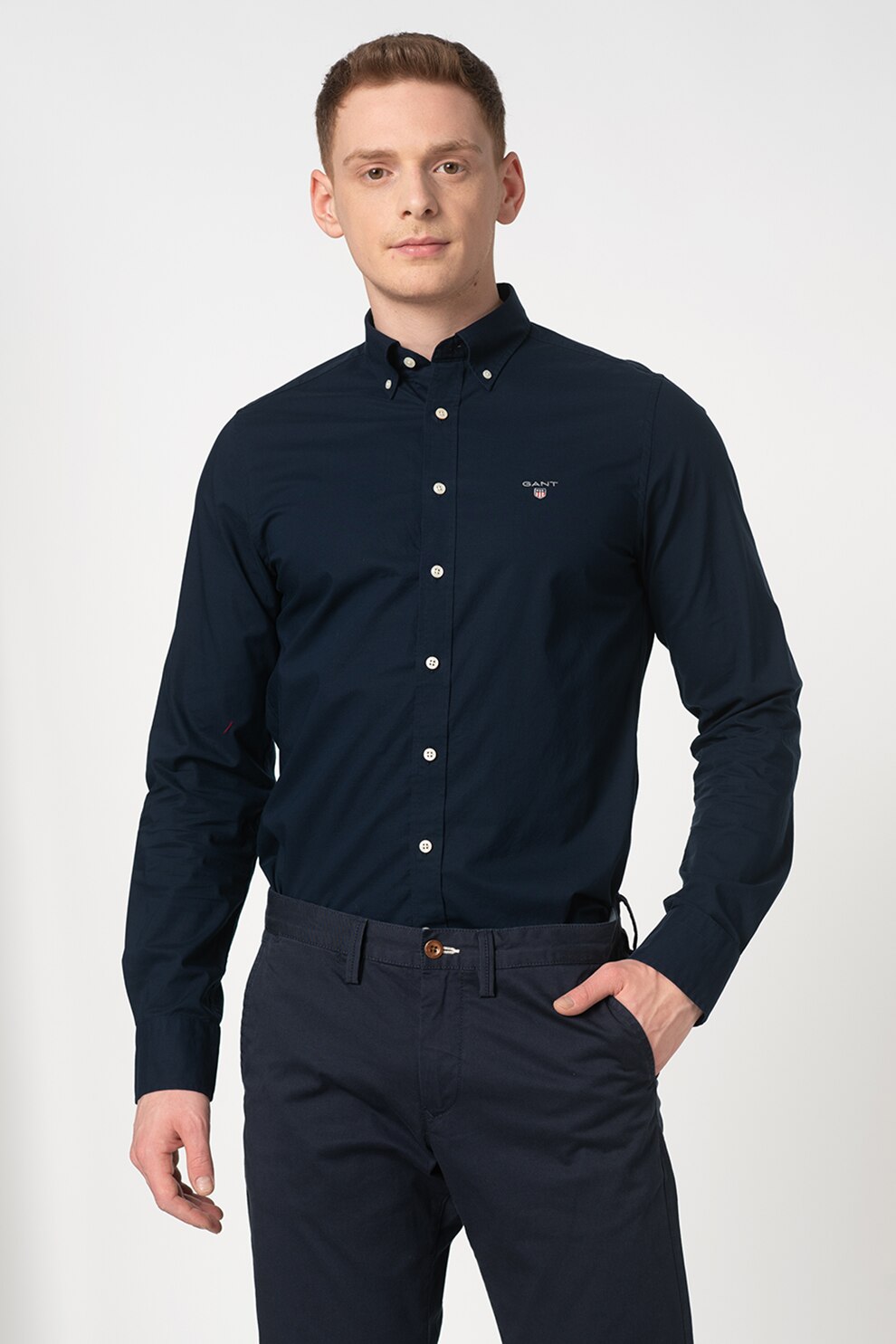 Gant, Camasa slim fit cu logo brodat, Bleumarin
