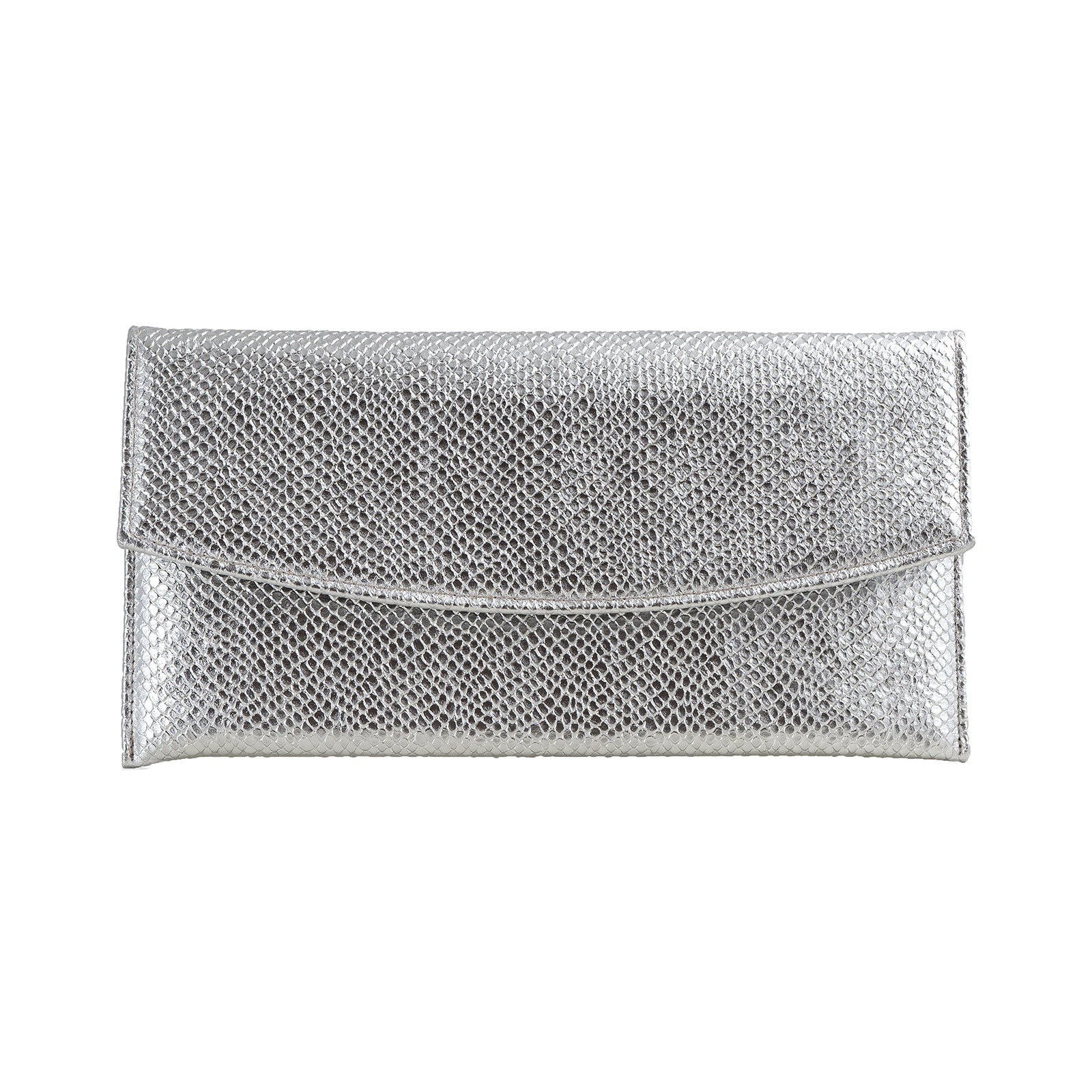 Poseta plic Anna, din piele laminata argintie cu aspect tip piton