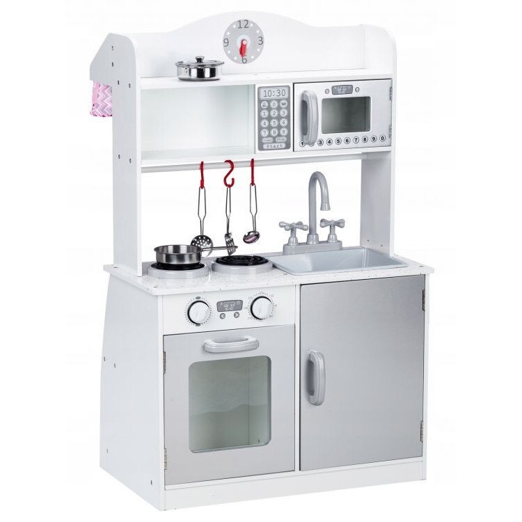 Bucatarie din Lemn pentru Copii, Aragaz, Cuptor cu Microunde, Chiuveta si Accesorii pentru Gatit, Gri/Alb