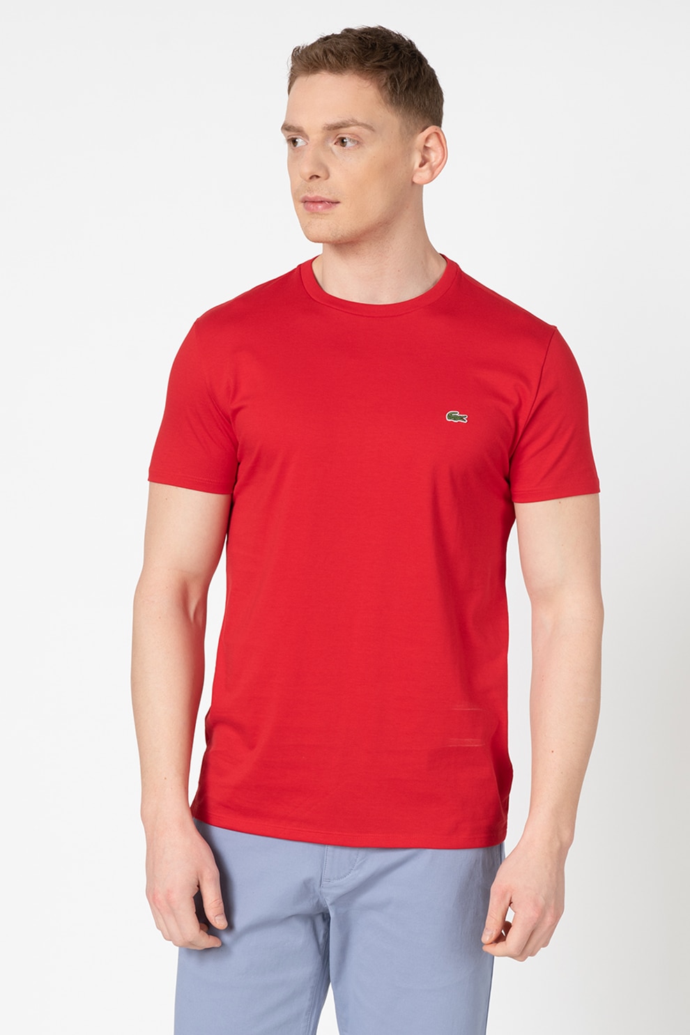 Lacoste, Tricou cu decolteu la baza gatului si aplicatie logo discreta, Rosu