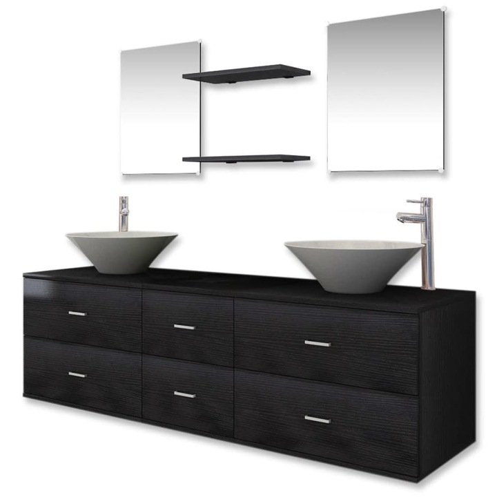 Set mobilier de baie vidaXL, 9 piese, cu chiuveta si robinet, negru, 62.42 kg