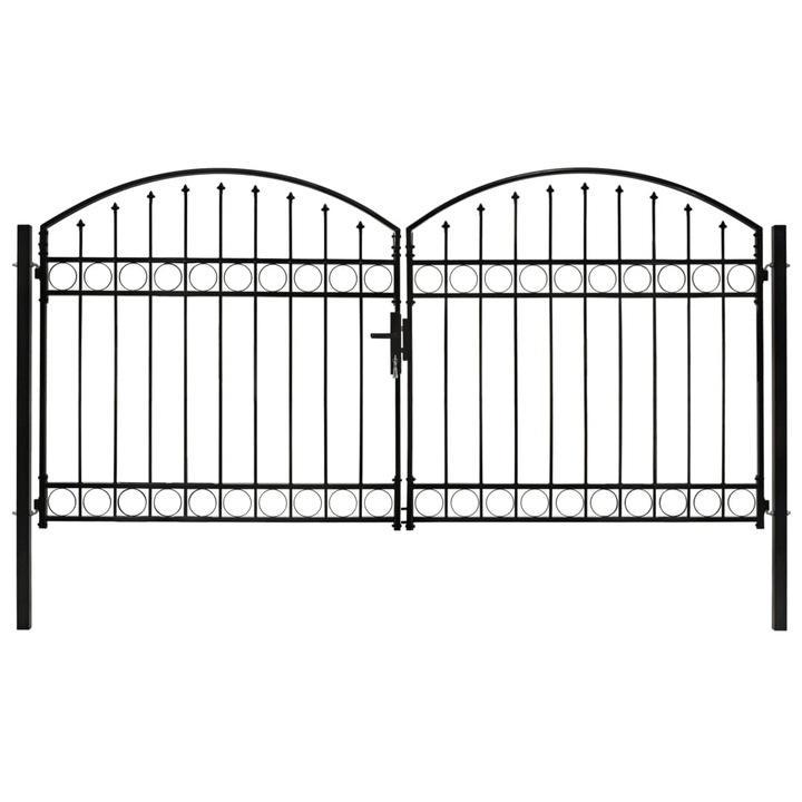 Poarta de gard dubla cu varf in arcada vidaXL, negru, 300x125 cm, otel 32.18 kg 143089