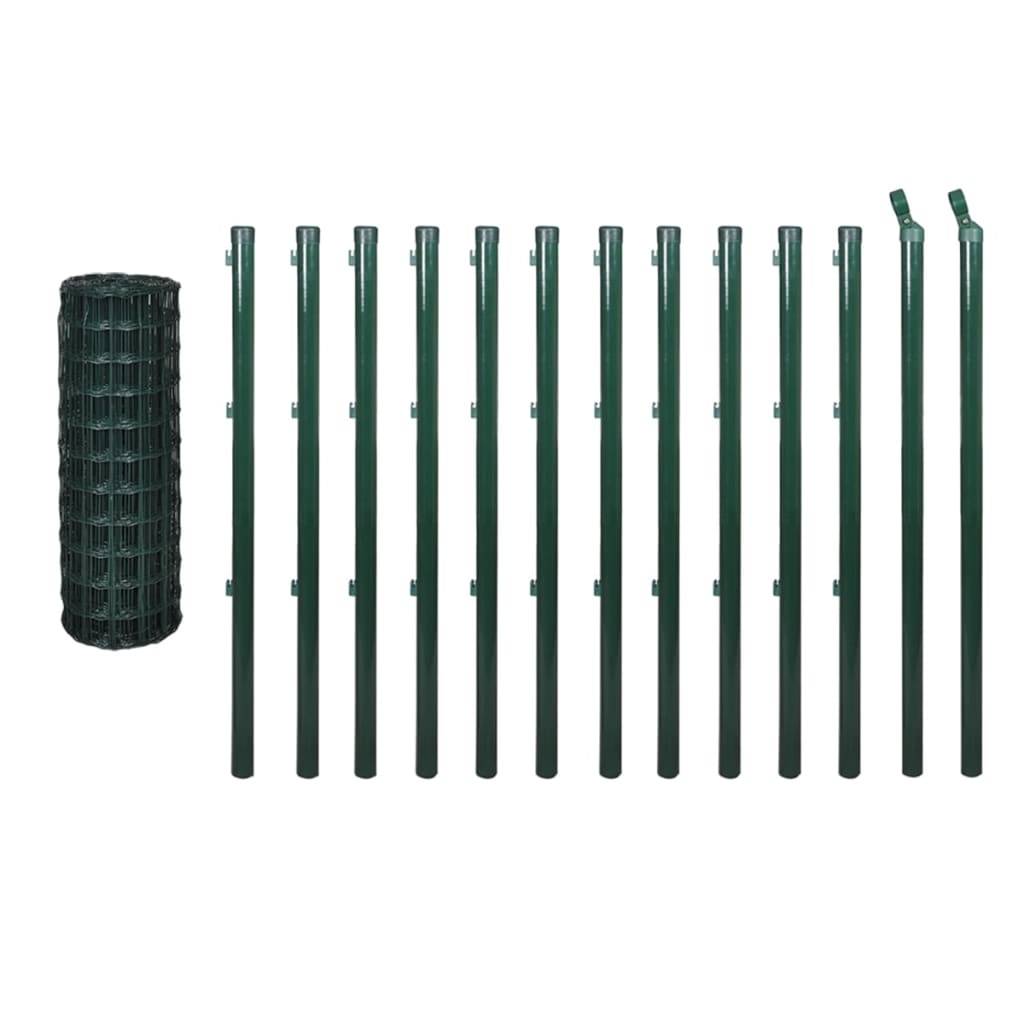 Set de gard de plasa si tarusi, vidaXL, Otel, 25 x 1.5 m, 100 x 100 mm, Verde