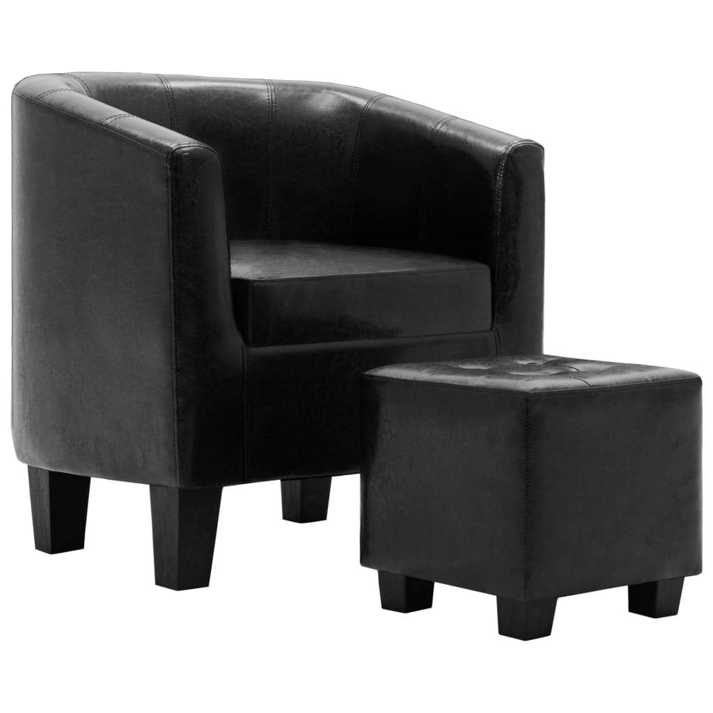 Set fotoliu si taburet, vidaXL, Piele ecologica, Negru, 64 x 57 x 70 cm