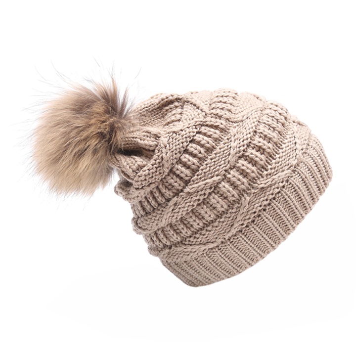 Caciula pentru femei tricotata cu pompom Ursfur, Maro camel