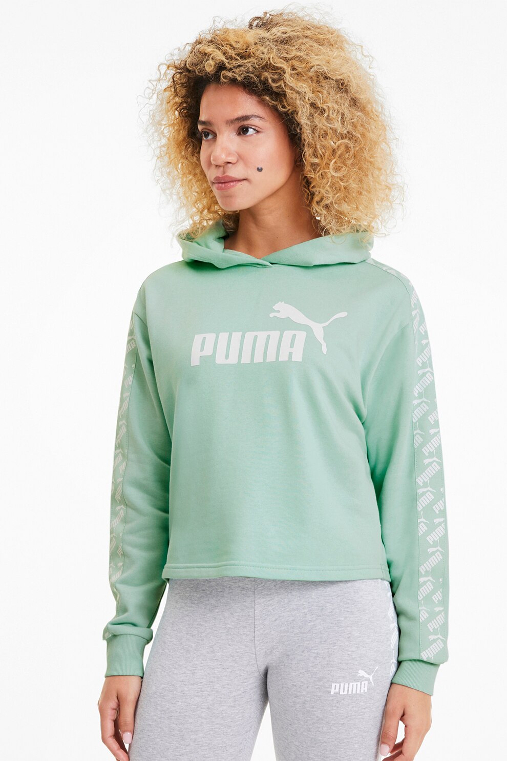 Puma, Hanorac crop cu imprimeu logo Amplified, Verde pal