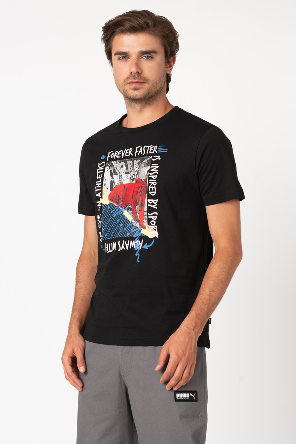 Puma, Tricou regular fit cu imprimeuri diverse, Negru, S