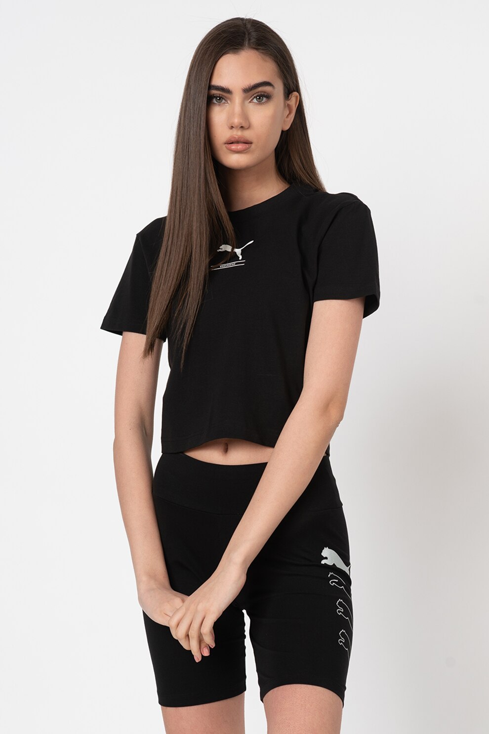 Puma, Tricou crop slim fit Nu-Tility, Negru/Alb