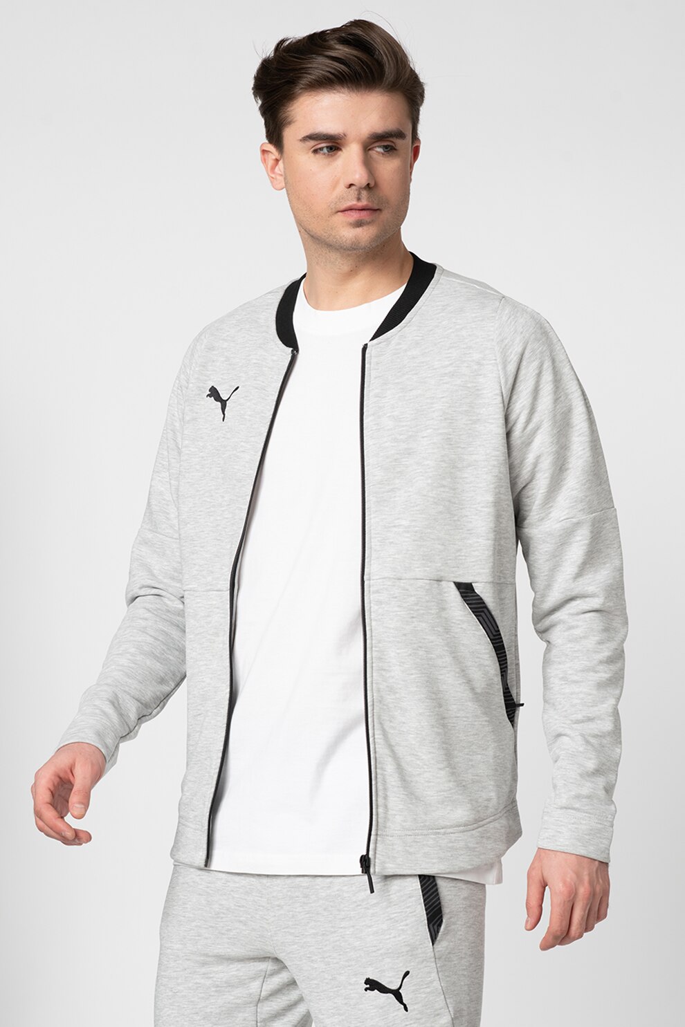 Puma, Bluza sport unisex cu fermoar, pentru fotbal teamFINAL 21, Gri melange/Gri deschis
