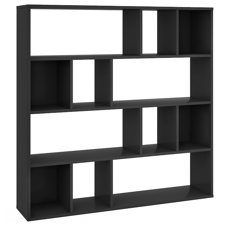 vidaXL térelválasztó/könyvszekrény, forgácslap, 110 x 24 x 110 cm, magasfényű fekete