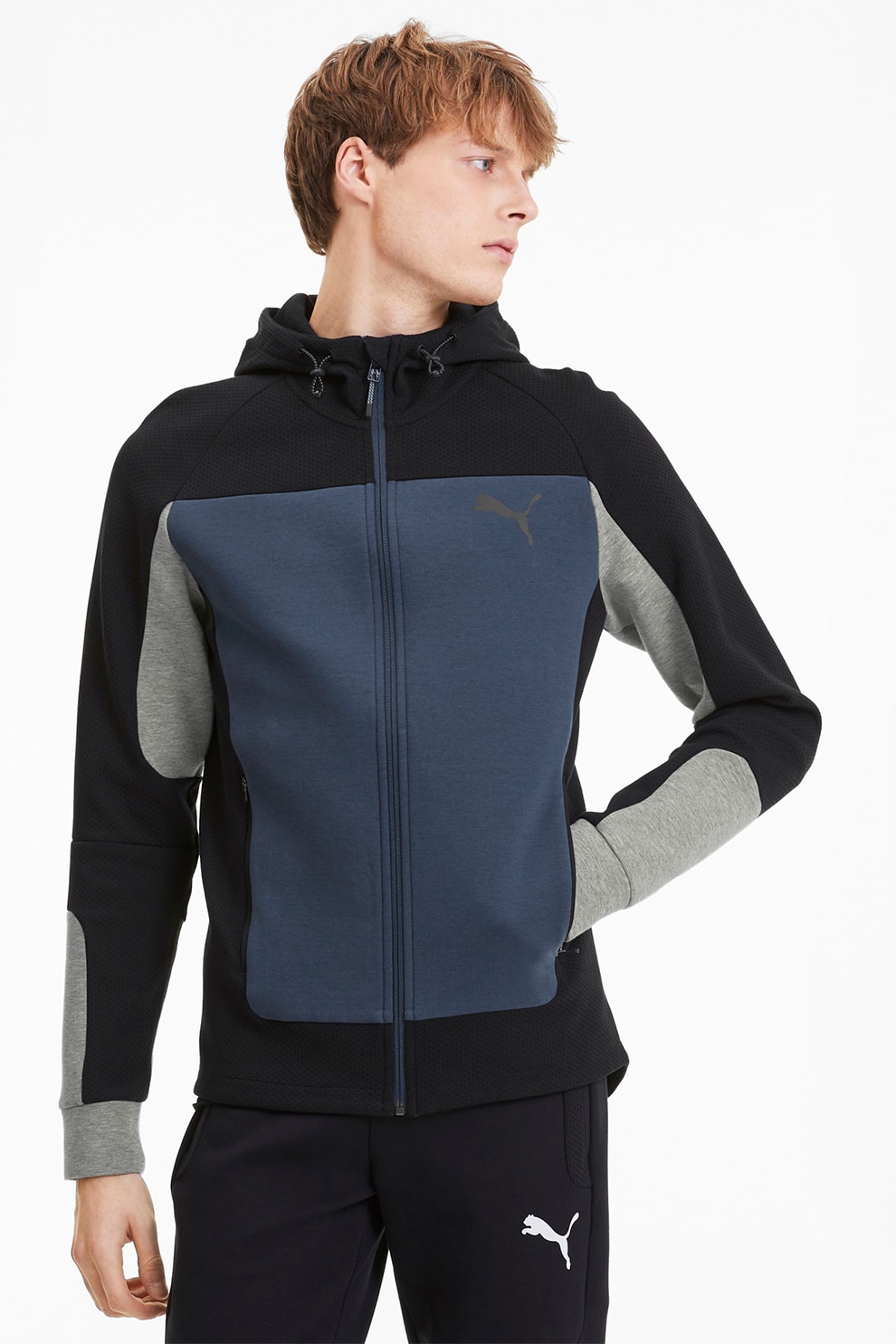 Puma, Hanorac slim fit cu fermoar Evostripe, Bleumarin/Negru/Gri