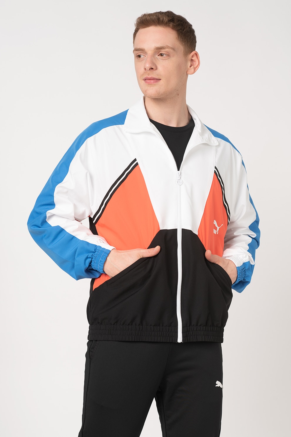 Puma, Jacheta cu model colorblock si captuseala de plasa, Alb/Negru/Albastru