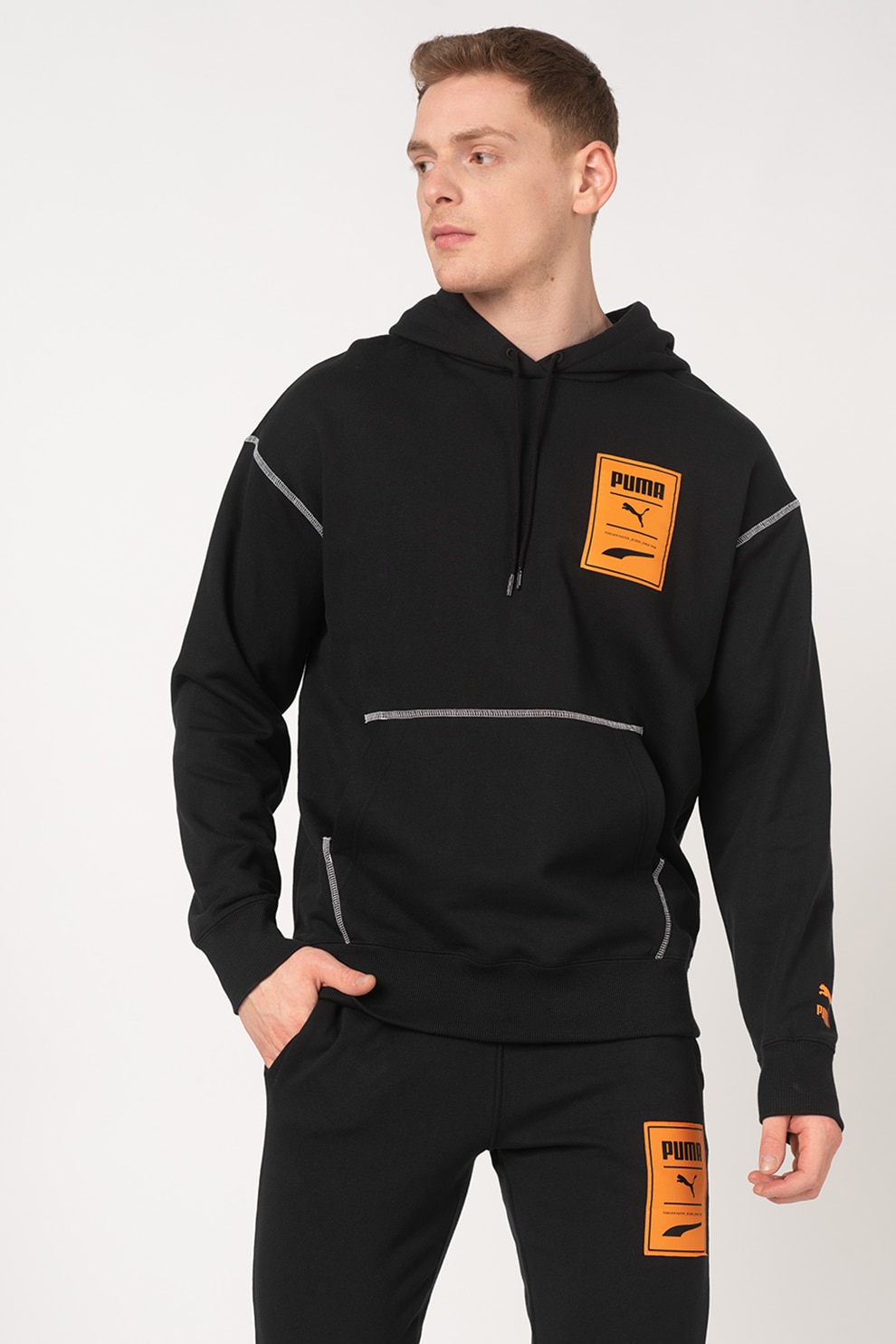 Puma, Hanorac cu aplicatie logo Recheck, Negru/Oranj