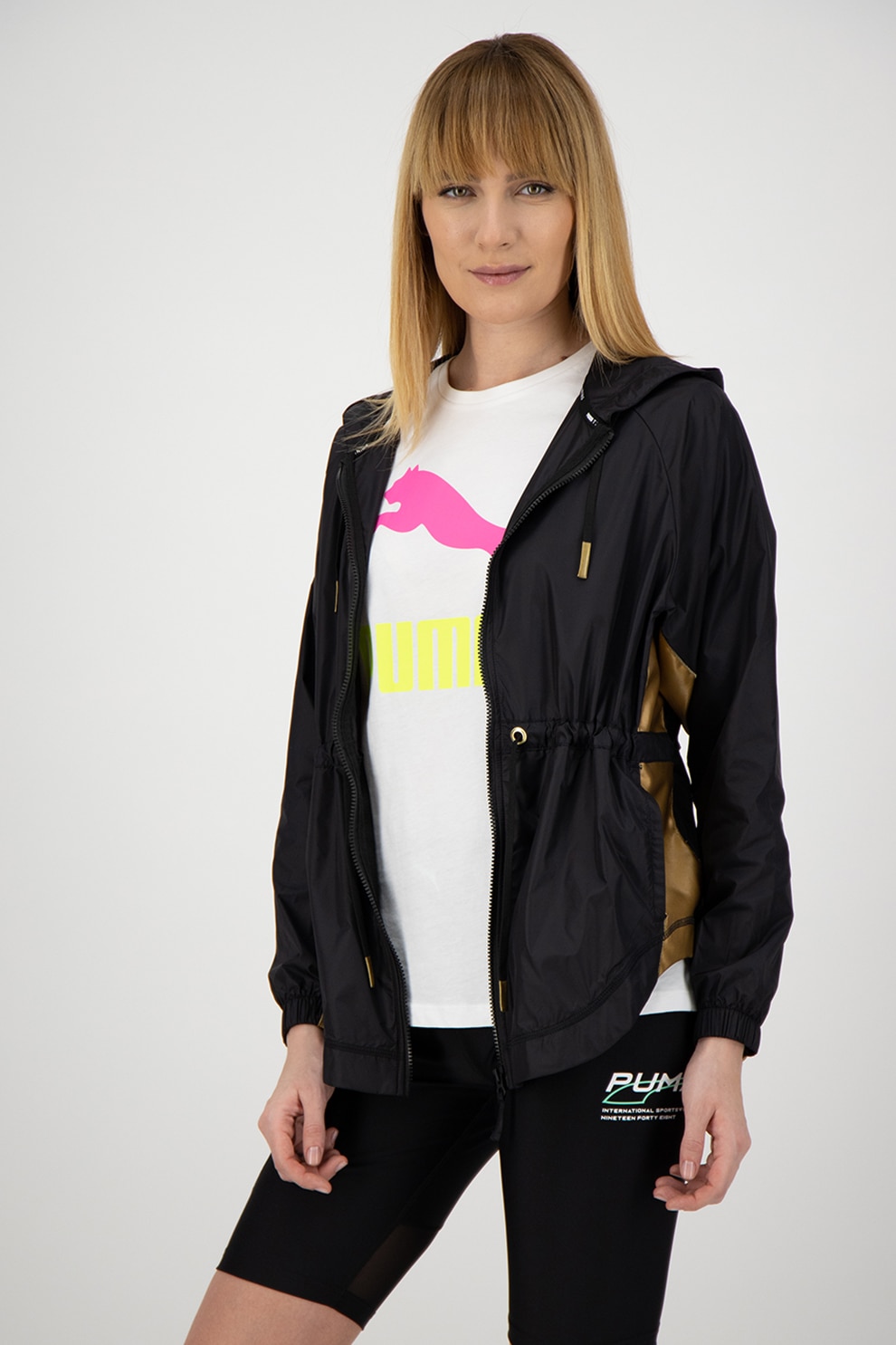 Puma, Jacheta usoara cu gluga, pentru fitness si alergare, Negru, XS
