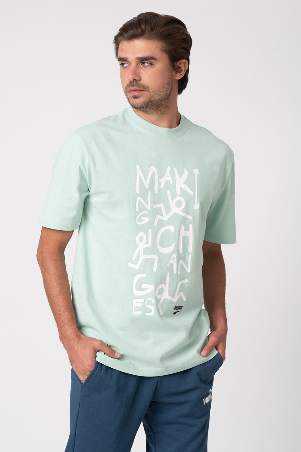 Puma, Tricou cu decolteu la baza gatului si imprimeu text Downtown, Verde menta