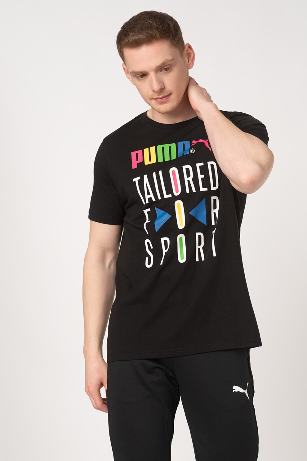 Puma, Tricou cu imprimeu si decolteu la baza gatului, Negru/Alb/Albastru