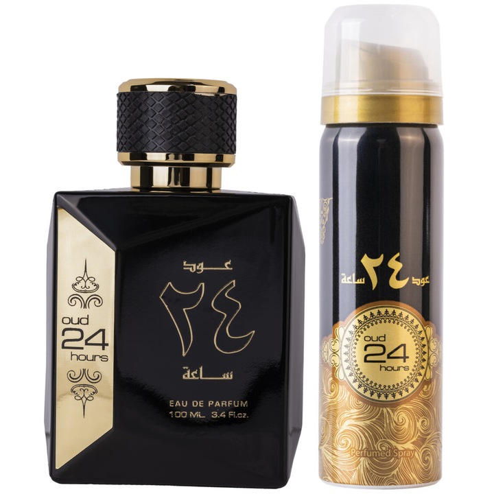 Set Ard Al Zaafaran, Oud 24 Hours, Unisex: Apa de Parfum, 100 ml + Deodorant spray, 50 ml