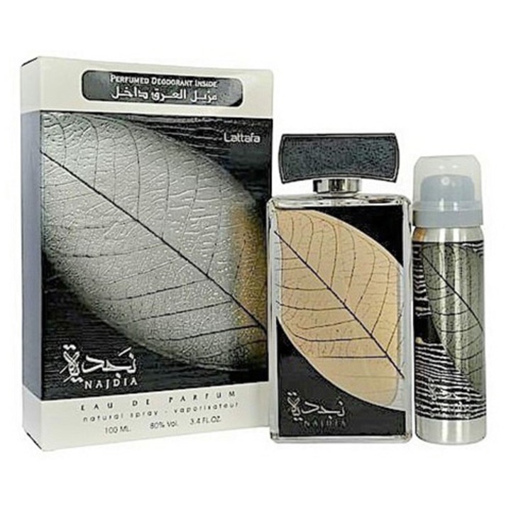 Set Lattafa, Najdia, Unisex: Apa de Parfum, 100 ml + Deodorant Spray, 50 ml