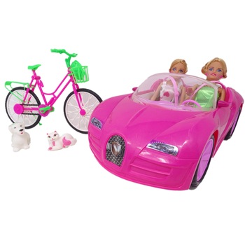 Set 2 Papusi cu Masina, Bicicleta, 1 Catel, 1 Pisica, Multicolor Set 2 Papusi cu Masina, Bicicleta, 1 Catel, 1 Pisica, Multicolor