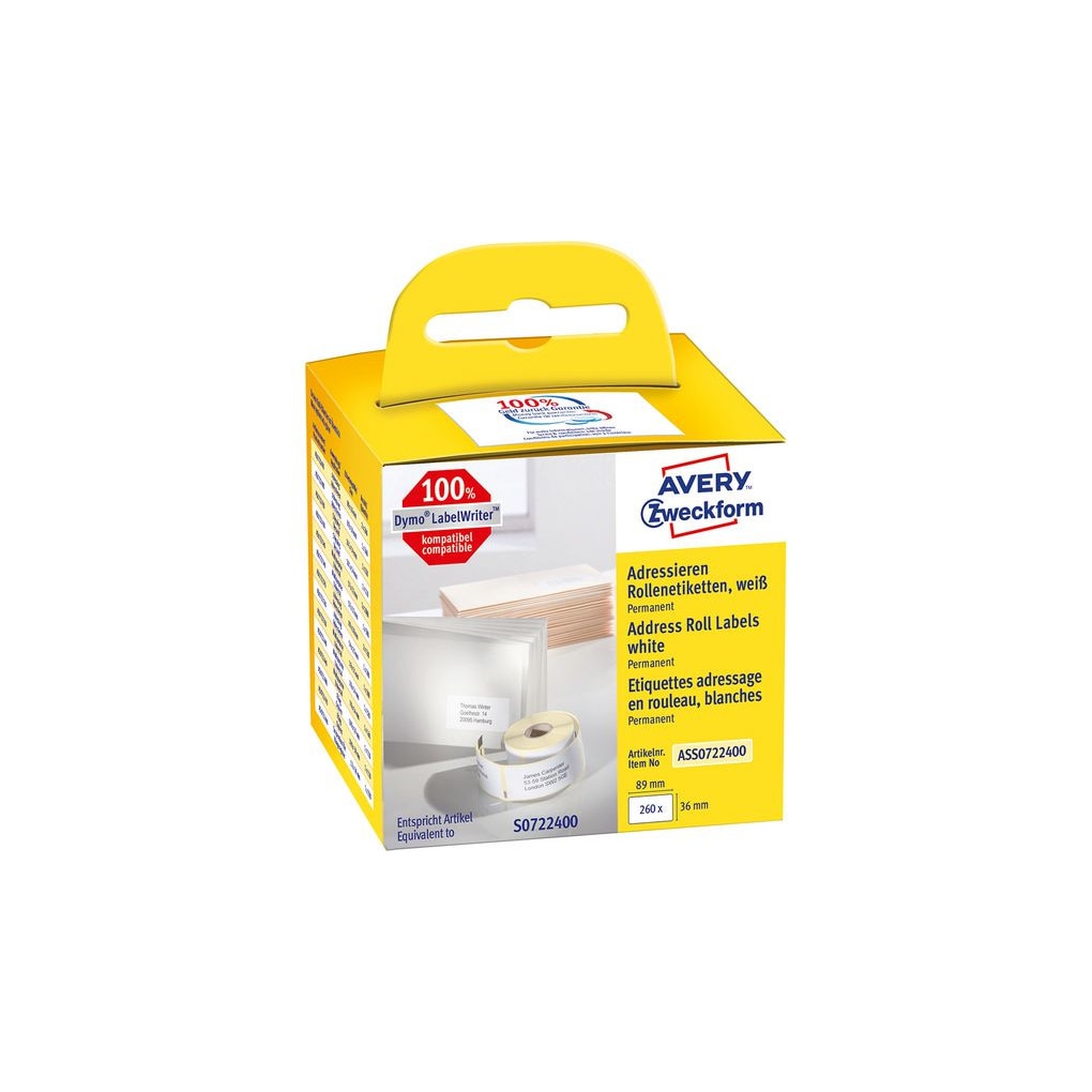 Etichete termice, Avery Zweckform AS S0722400, compatiile cu DYMO LabelWriter, adrese mari, permanente, 89x36mm, hartie alba, 260 etichete/rola, 1 rola/cutie
