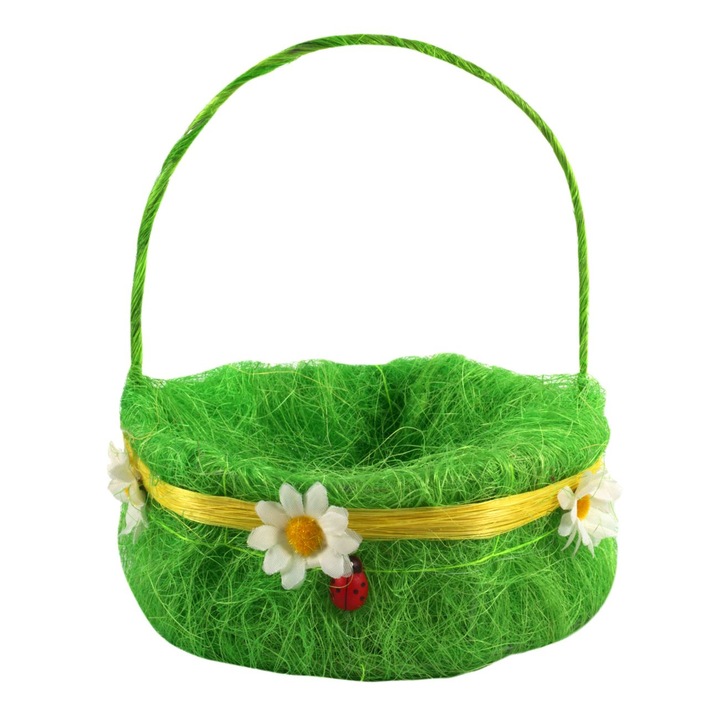Декоративна великденска кошница с трева и цветя, 15х7 см, зелена