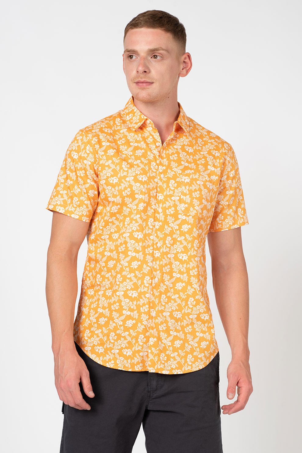 Replay, Camasa cu maneci scurte si model floral, Oranj/Alb, S