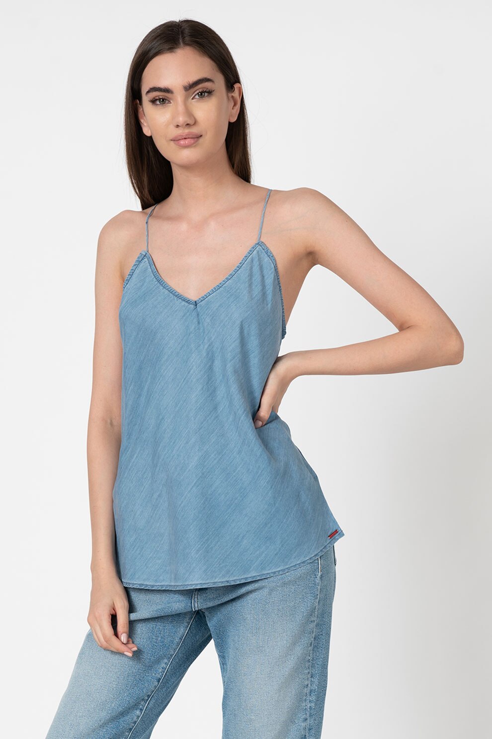 Replay, Top de lyocell cu bretele inguste, Albastru prafuit/Alb