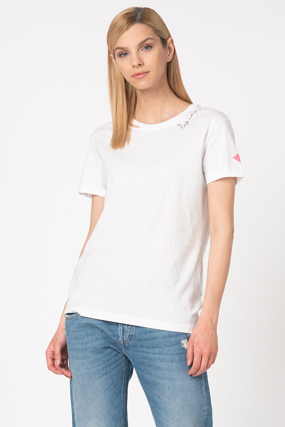 Replay, Tricou cu rupturi decorative, Alb