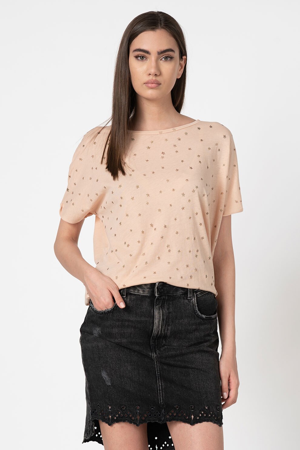 Replay, Tricou cu model cu stele, Roz piersica/Auriu