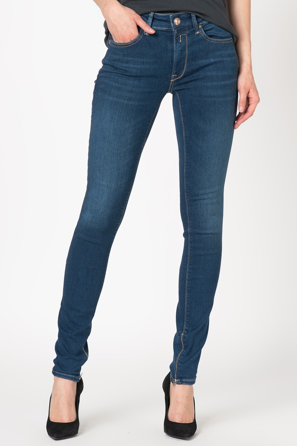 Replay, Blugi cu slituri cu fermoar la glezna New Luz, Albastru inchis, W25-L32