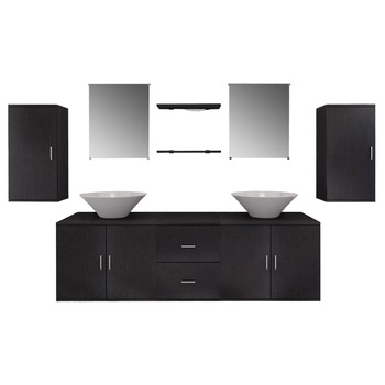 Set mobilier de baie, 9 piese cu 2 chiuvete incluse, vidaXL, PAL, Negru Set mobilier de baie, 9 piese cu 2 chiuvete incluse, vidaXL, PAL, Negru