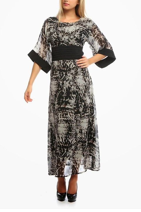 Eviza, széles övvel ellátott ruha, fekete-fehér, L méret