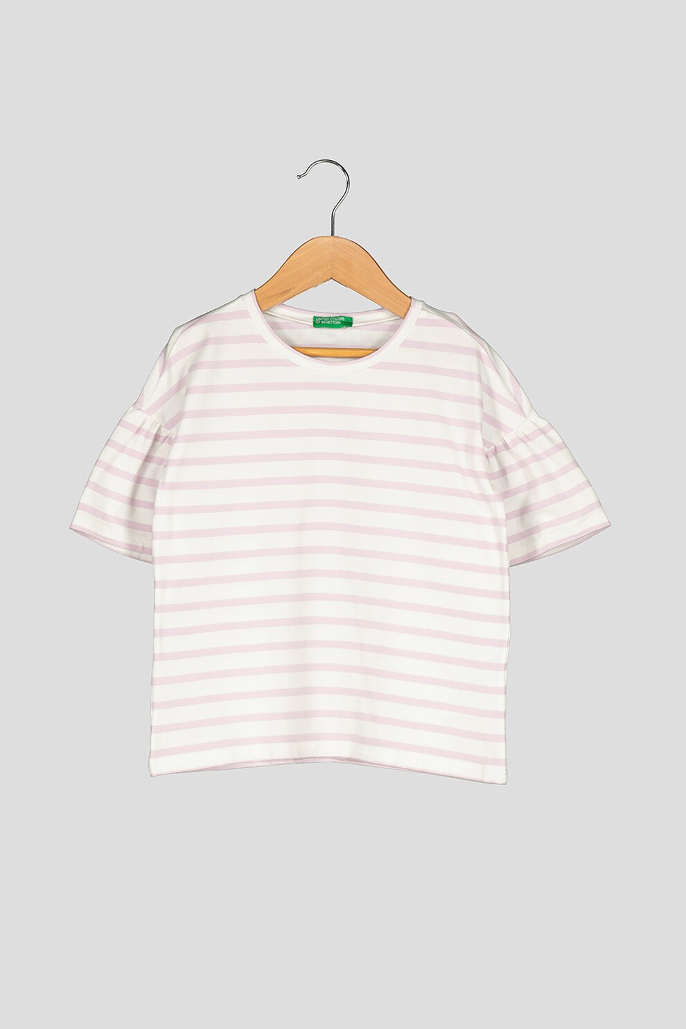 United Colors of Benetton, Tricou cu model in dungi si maneci evazate, Alb/Lila