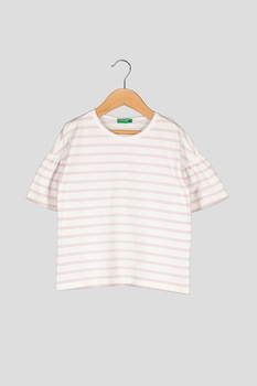 United Colors of Benetton, Tricou cu model in dungi si maneci evazate, Alb/Lila United Colors of Benetton, Tricou cu model in dungi si maneci evazate, Alb/Lila